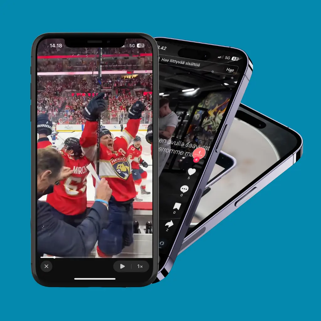 Kolme Iphone puhelinta hieman päällekkäin. Puhelimissa näkyy TikTok-videoita.